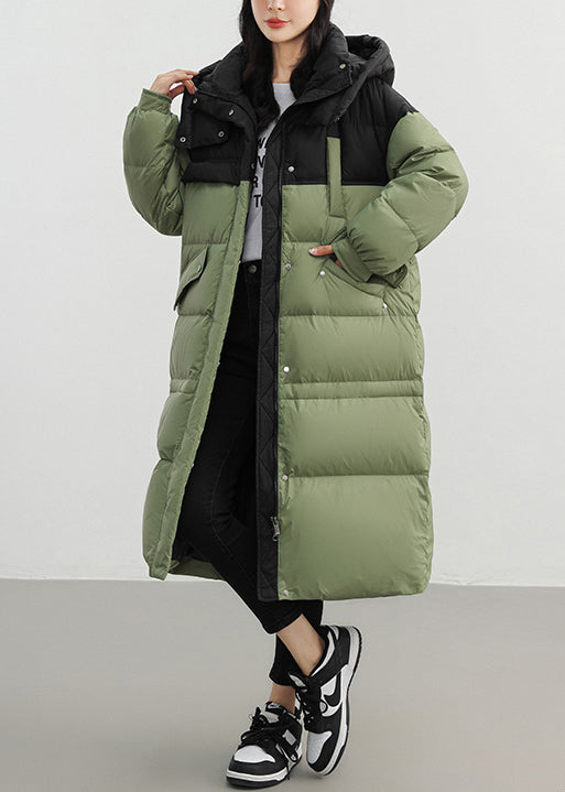 Army Green Patchwork Duck Down Down Coat Hooded Winter