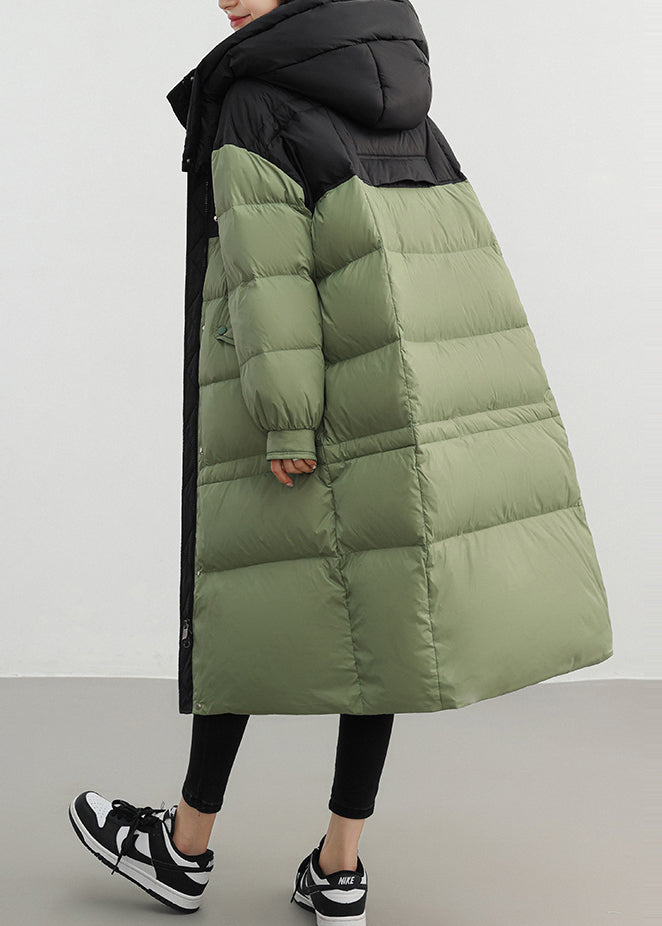 Army Green Patchwork Duck Down Down Coat Hooded Winter