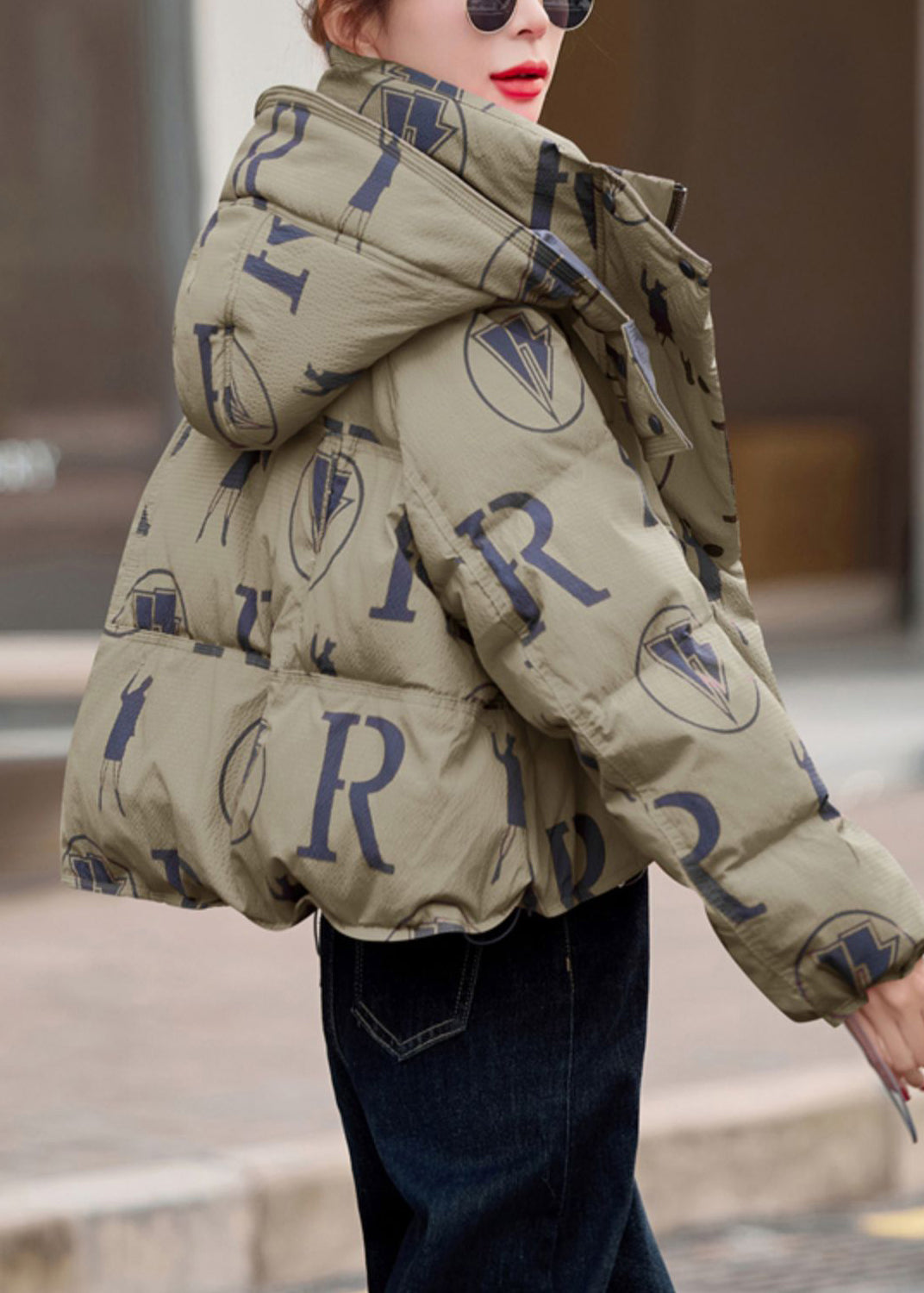 Army Green Print Duck Down Down Coat Hooded Drawstring Winter