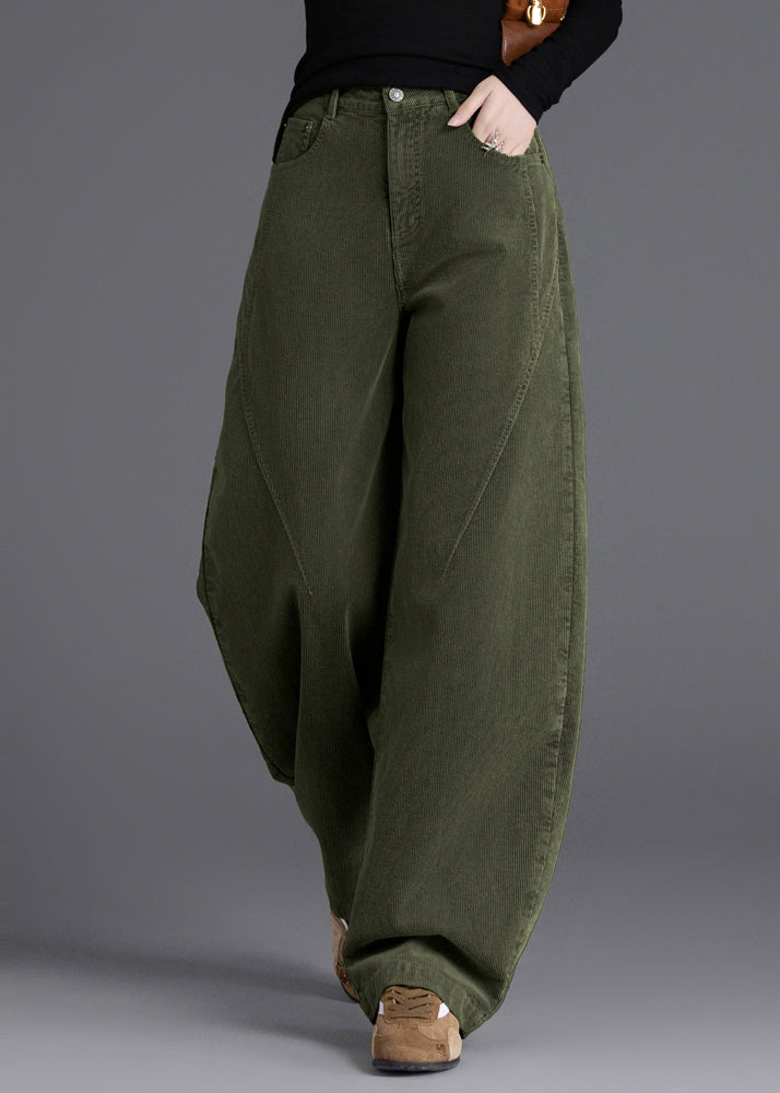 Army Green Warm Fleece Corduroy Pant Oversized High Waist Spring