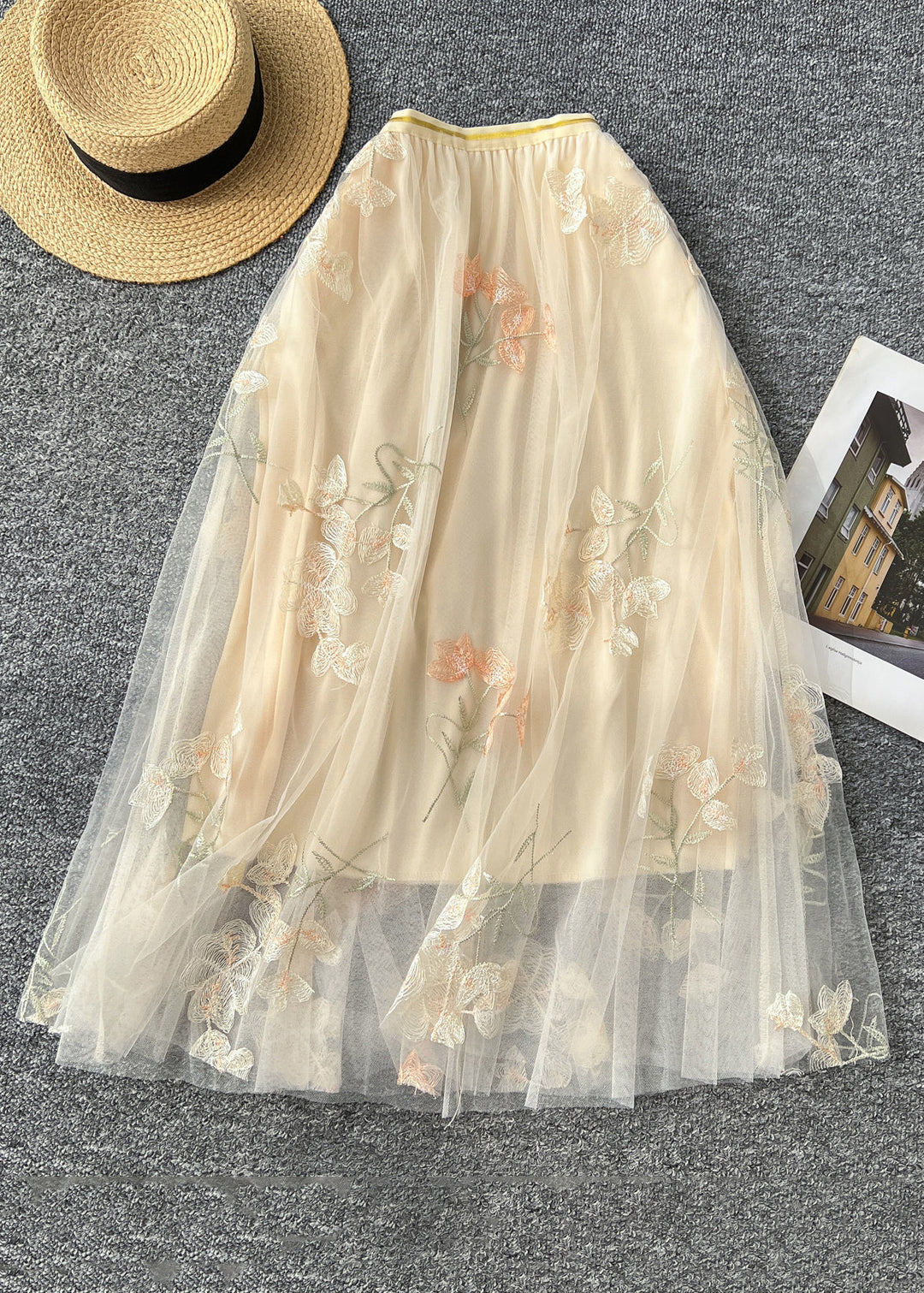Art Apricot Embroidered High Waist Tulle Skirts Fall