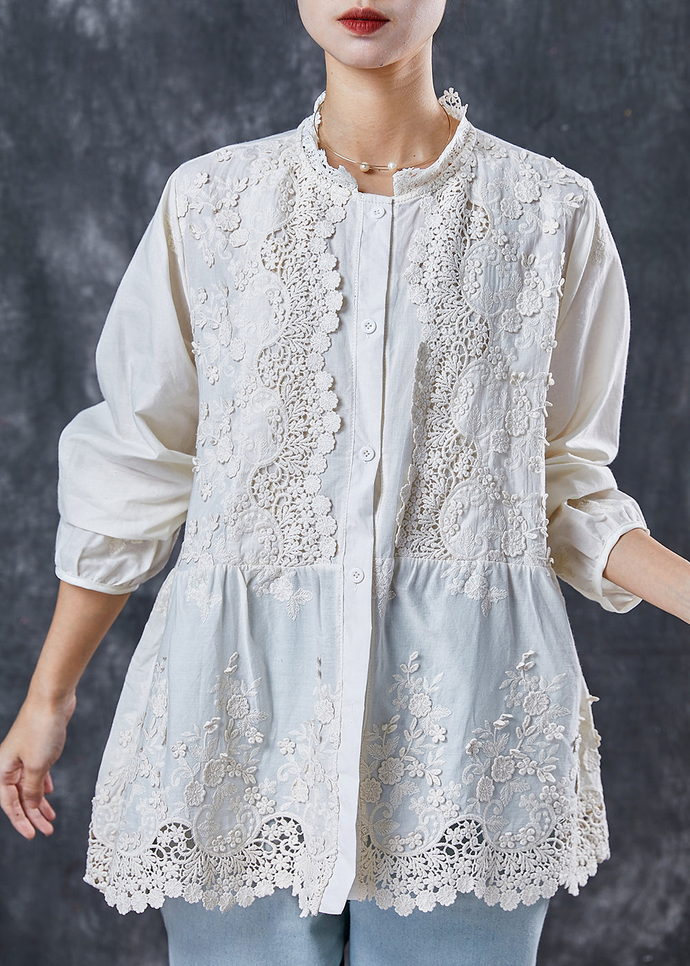 Art Apricot Embroidered Patchwork Cotton Shirt Spring