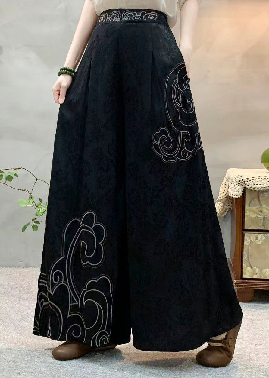 Art Apricot Embroidered Pockets Jacquard Silk Wide Leg Pants Fall