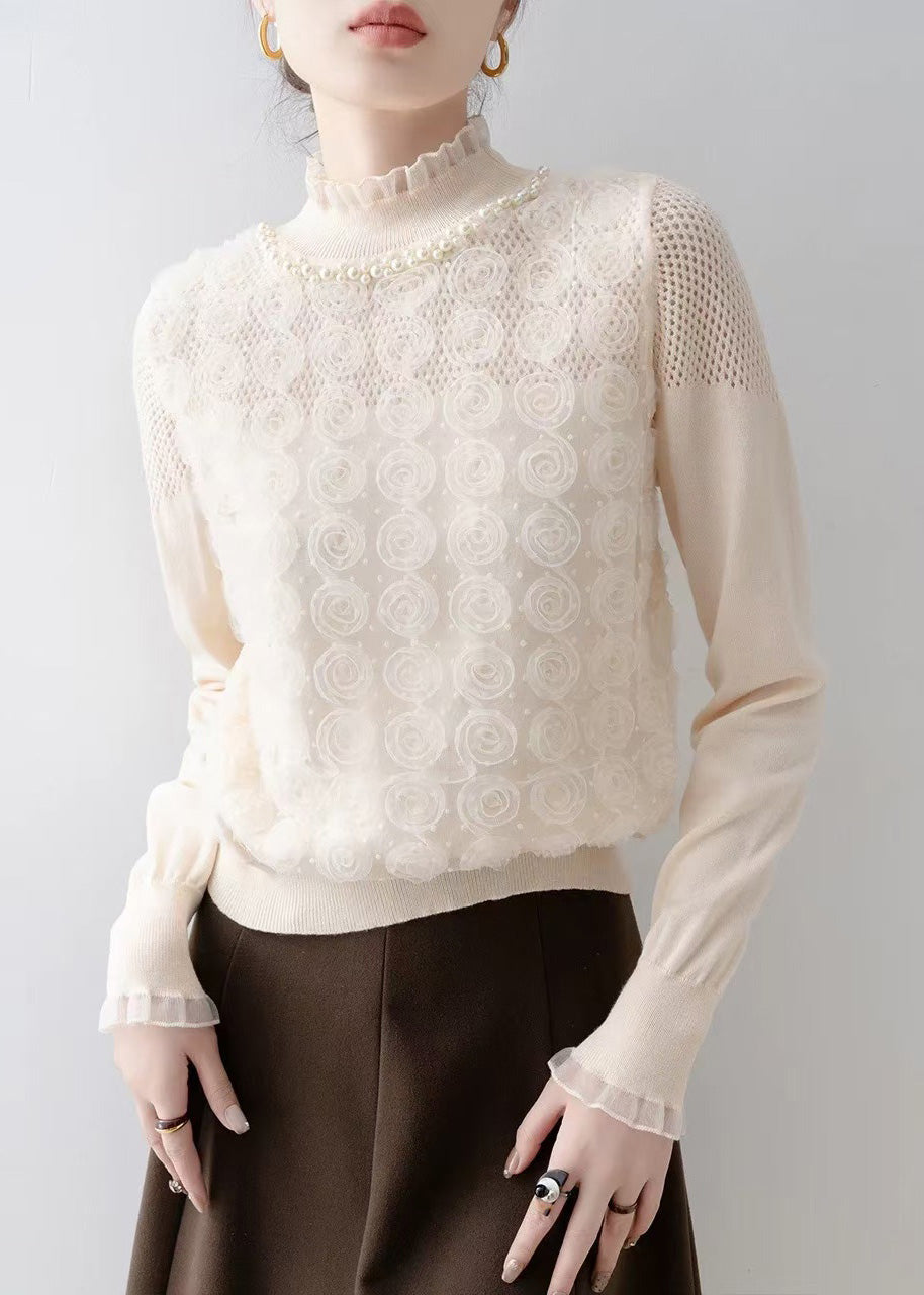 Art Apricot Floral Decorated Nail Bead Knit Blouse Spring