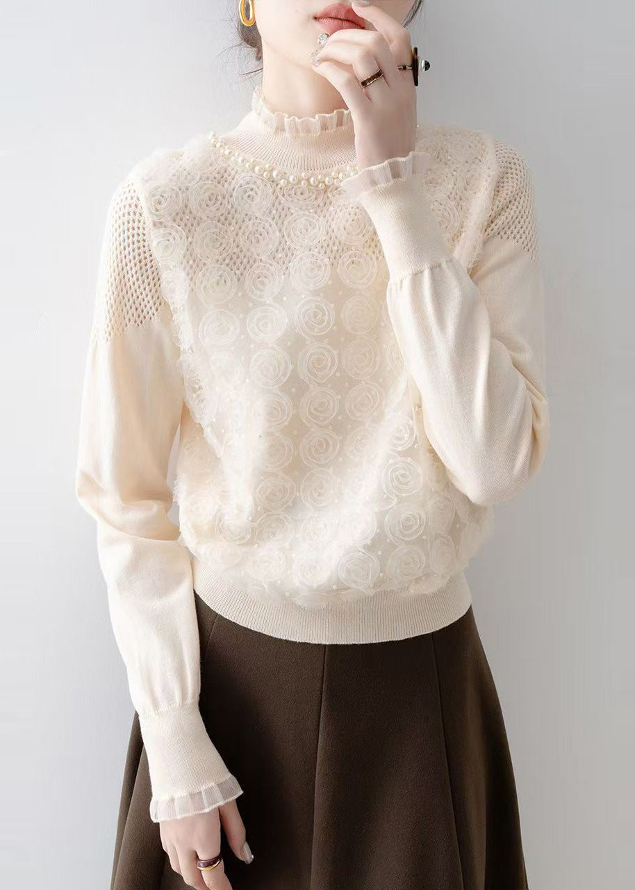 Art Apricot Floral Decorated Nail Bead Knit Blouse Spring
