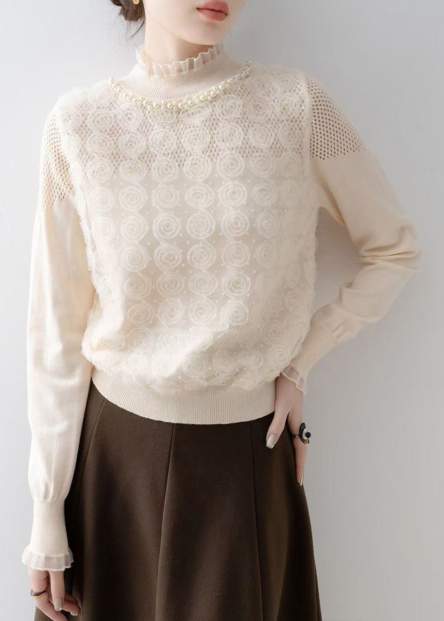 Art Apricot Floral Decorated Nail Bead Knit Blouse Spring