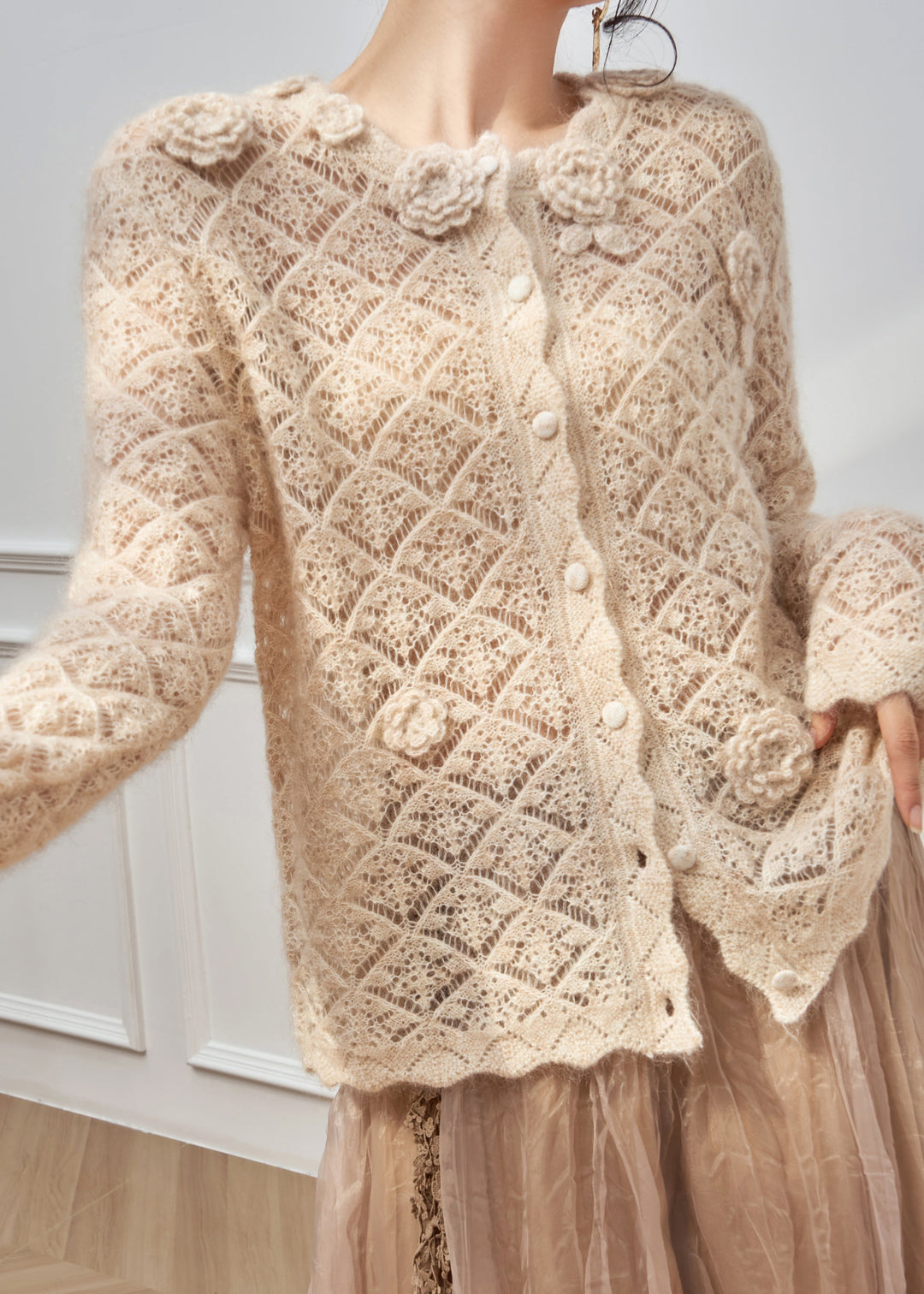 Art Apricot Hollow Out Floral Button Knit Sweater Spring