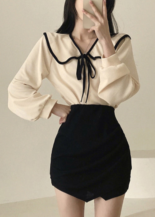 Art Apricot Original Design Lace Up Cotton Blouse Fall