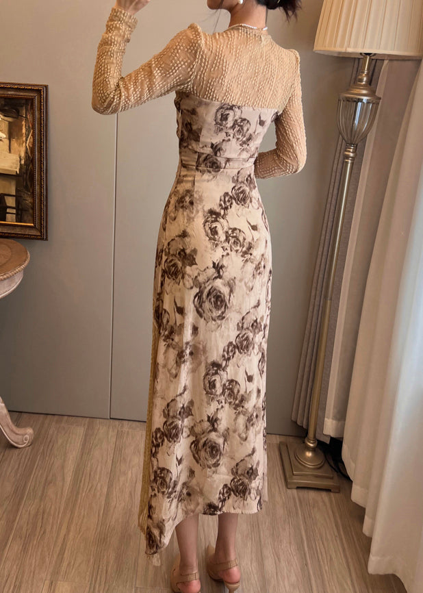 Art Apricot Print Patchwork Side Open Long Dress Summer