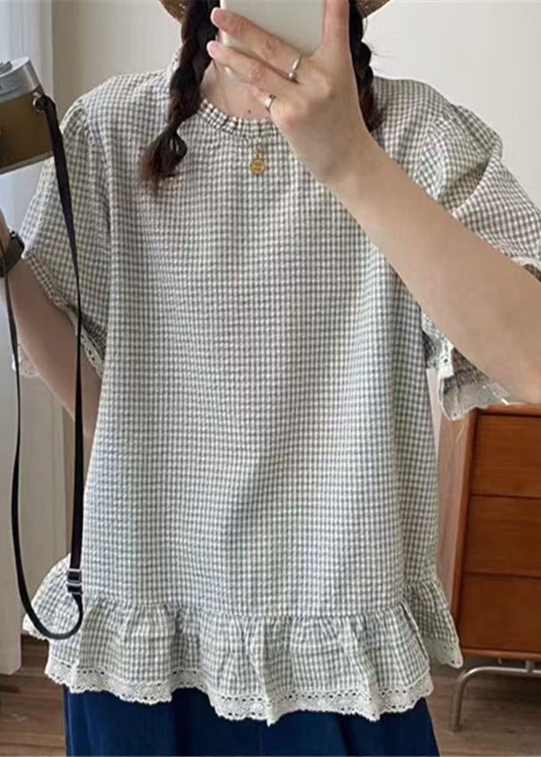 Art Apricot Ruffles Plaid Cotton Shirt Summer