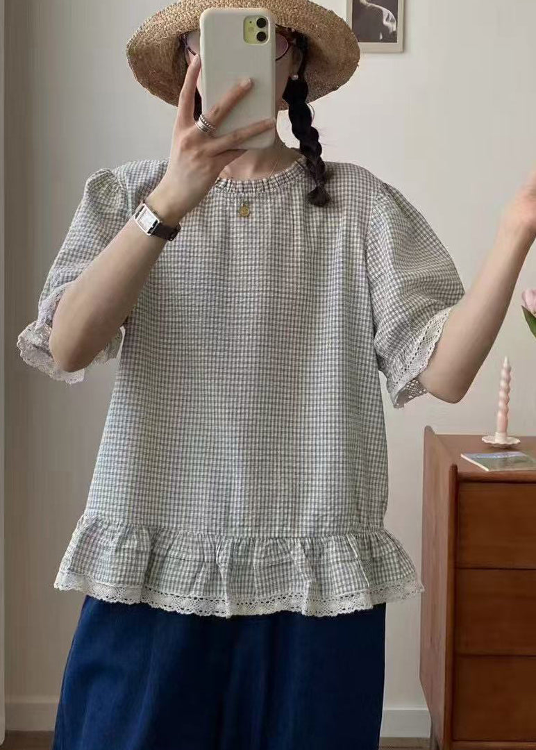 Art Apricot Ruffles Plaid Cotton Shirt Summer