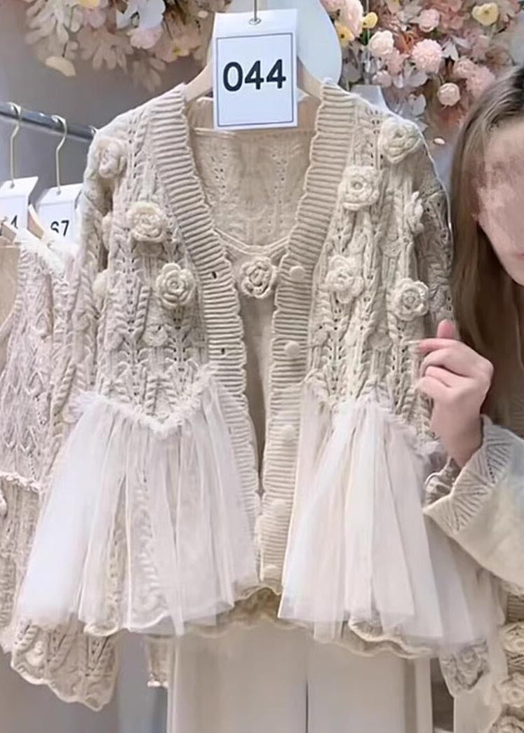 Art Apricot Stereoscopic Flower Patchwork Tulle Knit CardiganTwo Piece Set Fall