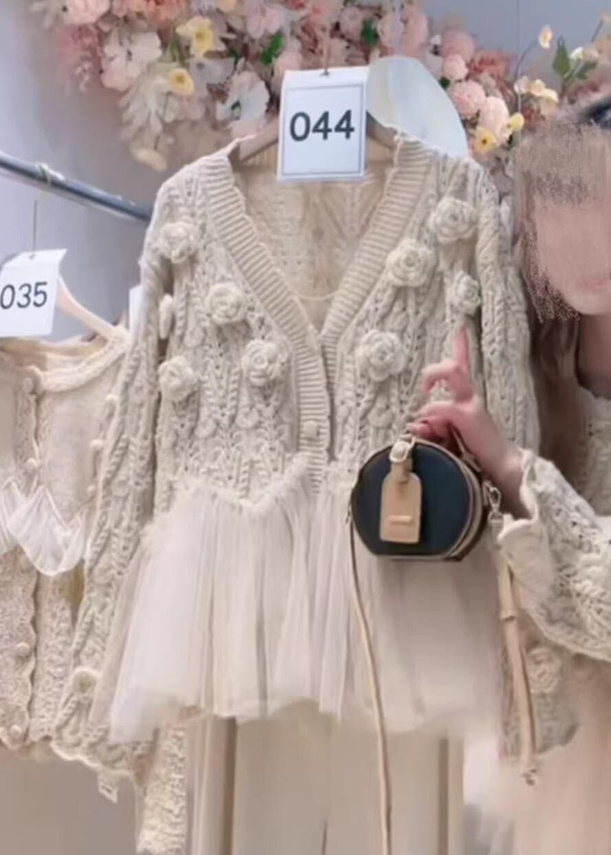 Art Apricot Stereoscopic Flower Patchwork Tulle Knit CardiganTwo Piece Set Fall
