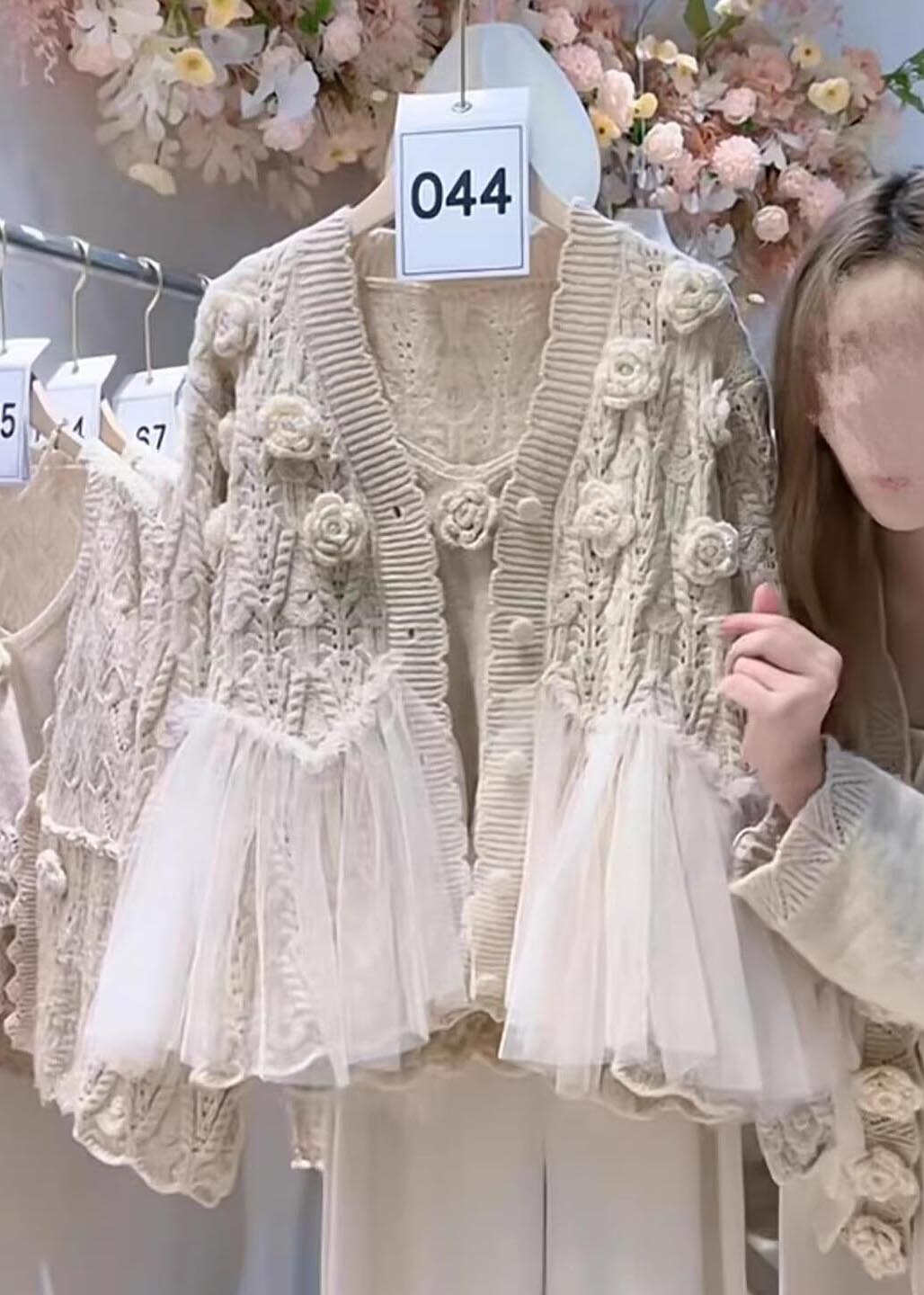 Art Apricot Stereoscopic Flower Patchwork Tulle Knit CardiganTwo Piece Set Fall