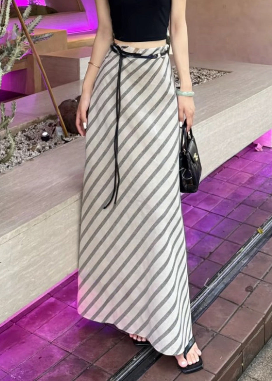 Art Apricot Striped High Waist Cotton Skirts Summer