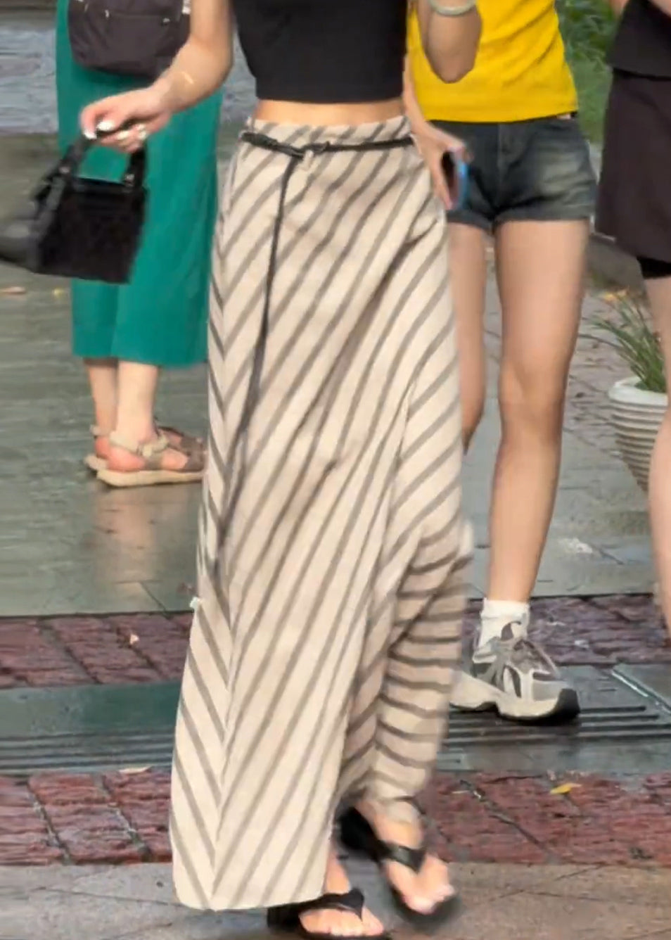 Art Apricot Striped High Waist Cotton Skirts Summer