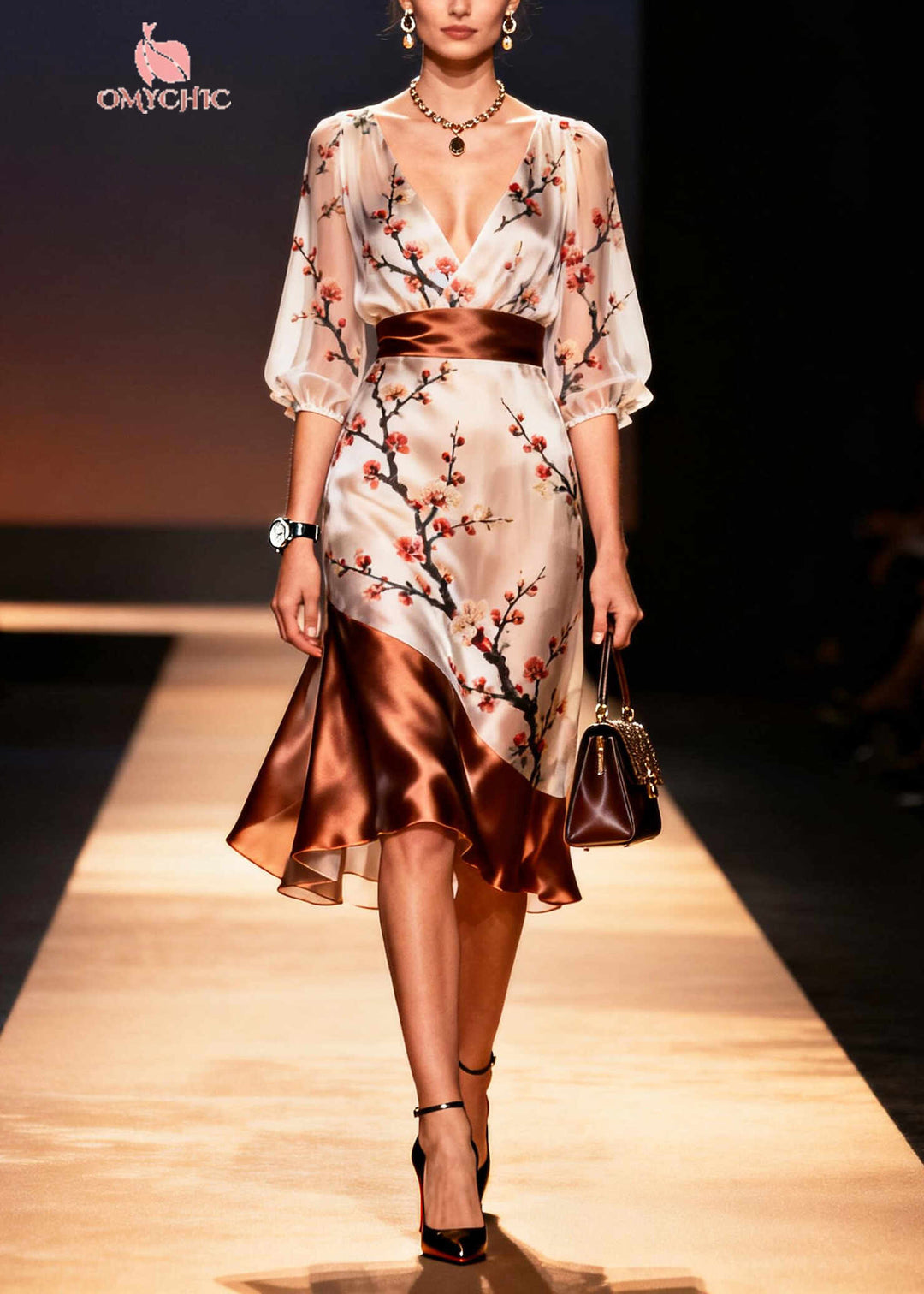 Art Apricot V Neck Patchwork Print Silk Dress Summer
