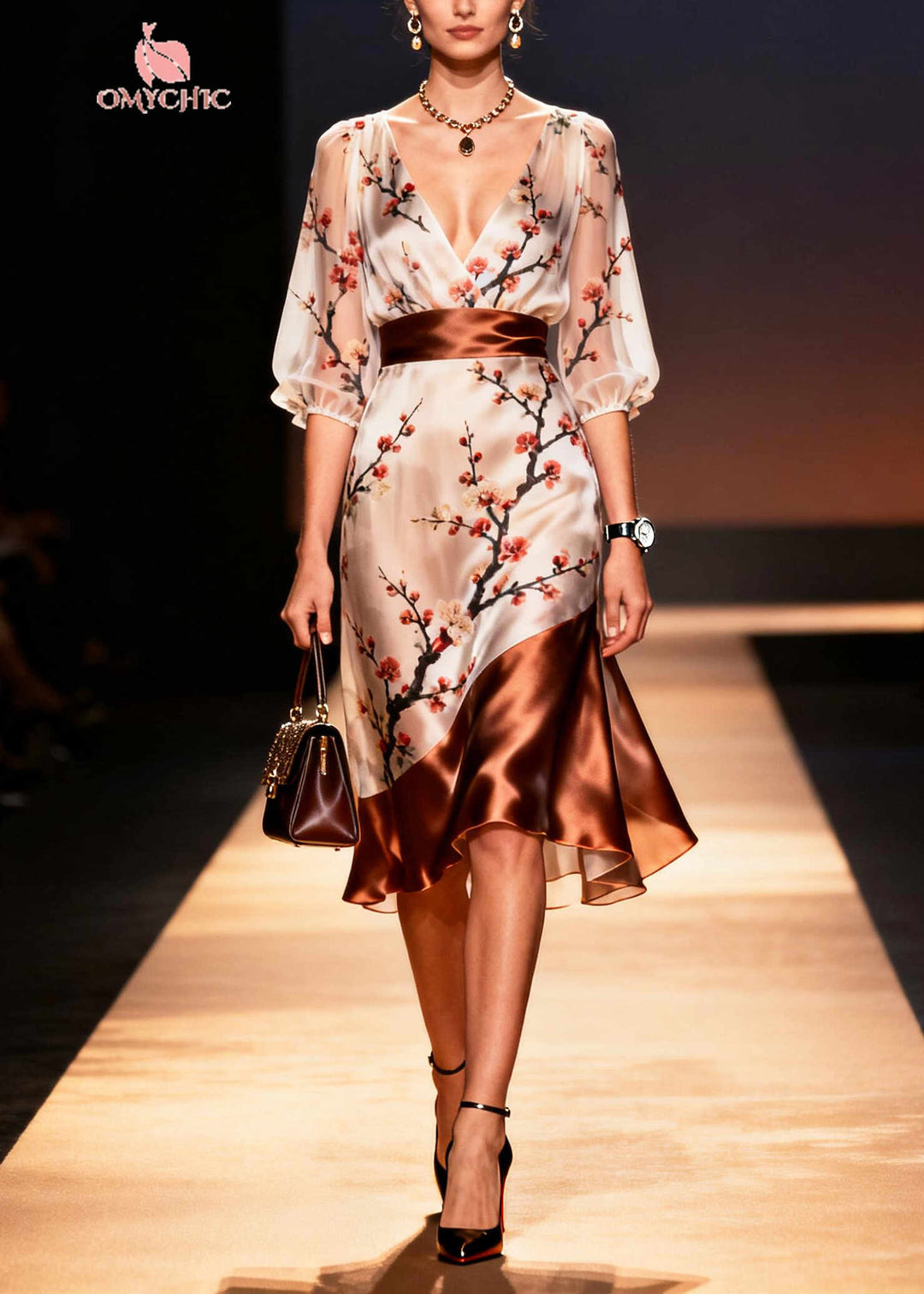Art Apricot V Neck Patchwork Print Silk Dress Summer
