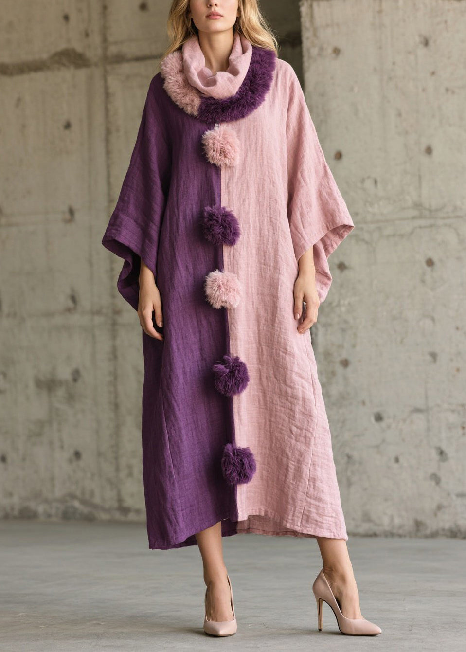 Art Asymmetrical Patchwork Fuzzy Ball Decorated Vacation Dresses Batwing Sleeve