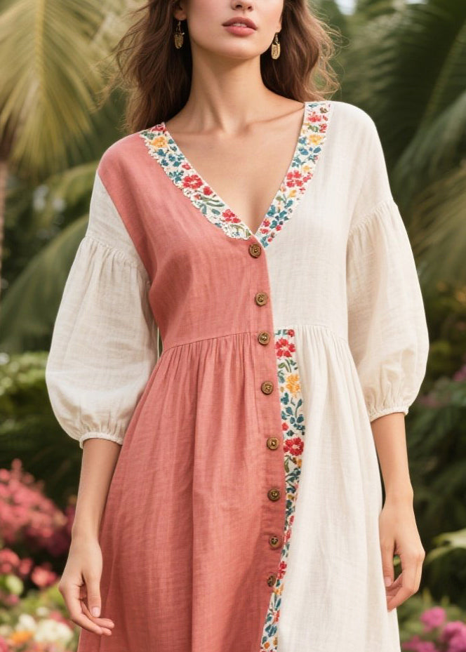 Art Asymmetrical Patchwork Linen Dresses Summer