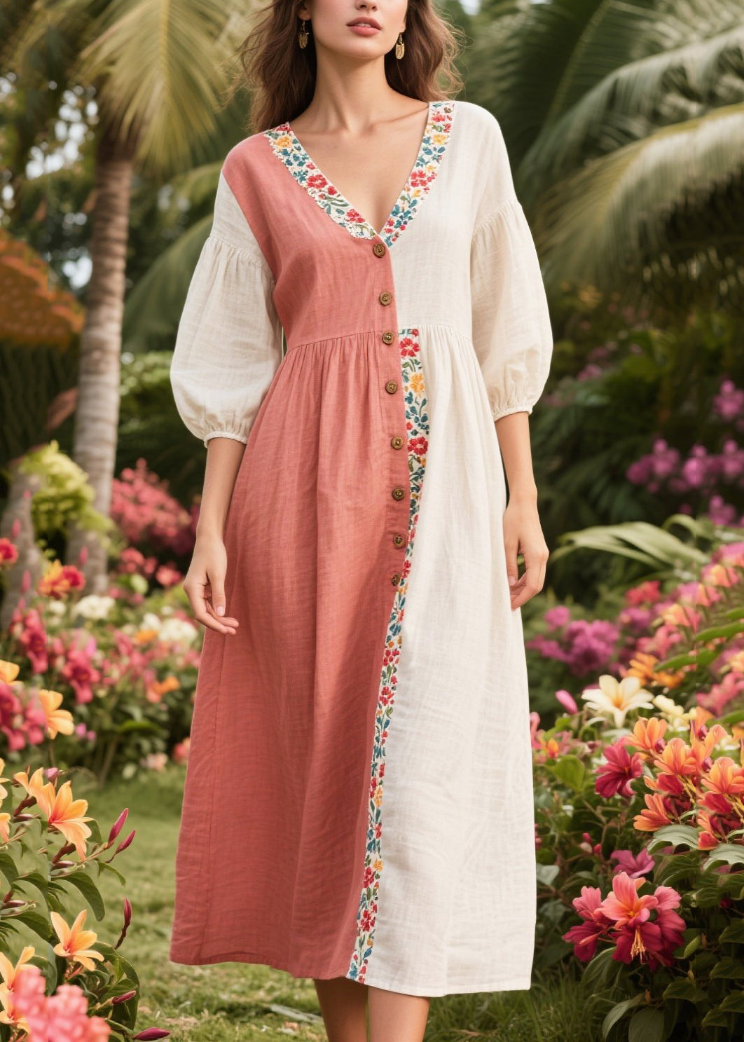 Art Asymmetrical Patchwork Linen Dresses Summer