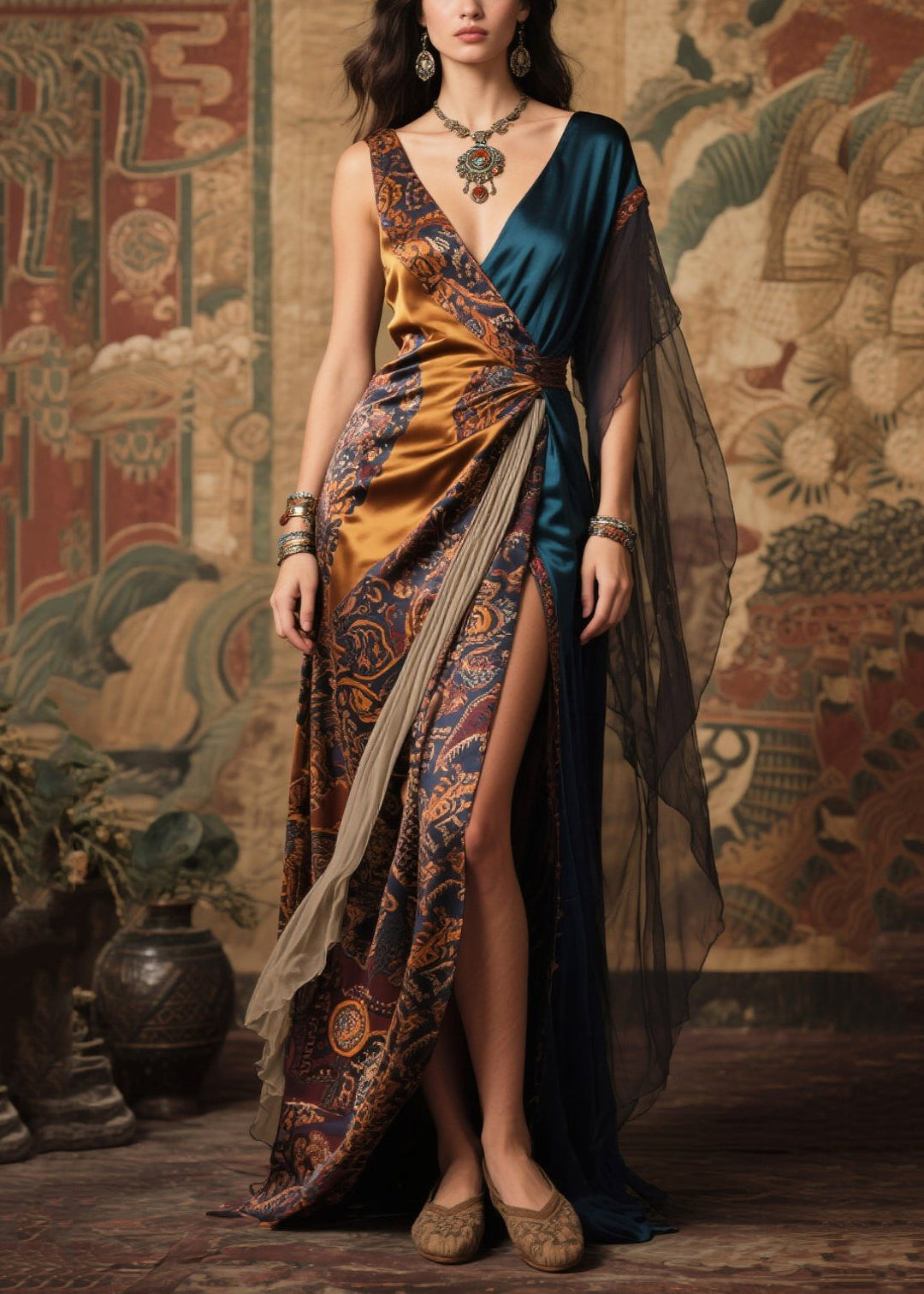 Art Asymmetrical Patchwork Side Open Silk Long Dresses Summer