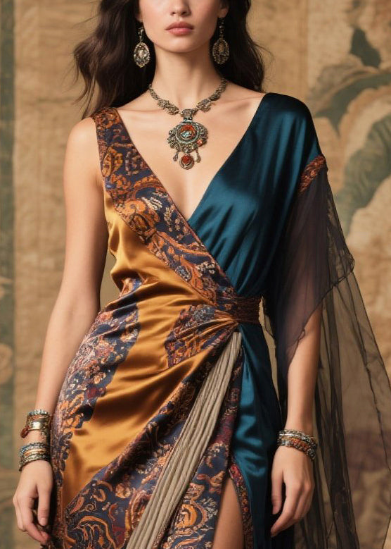 Art Asymmetrical Patchwork Side Open Silk Long Dresses Summer