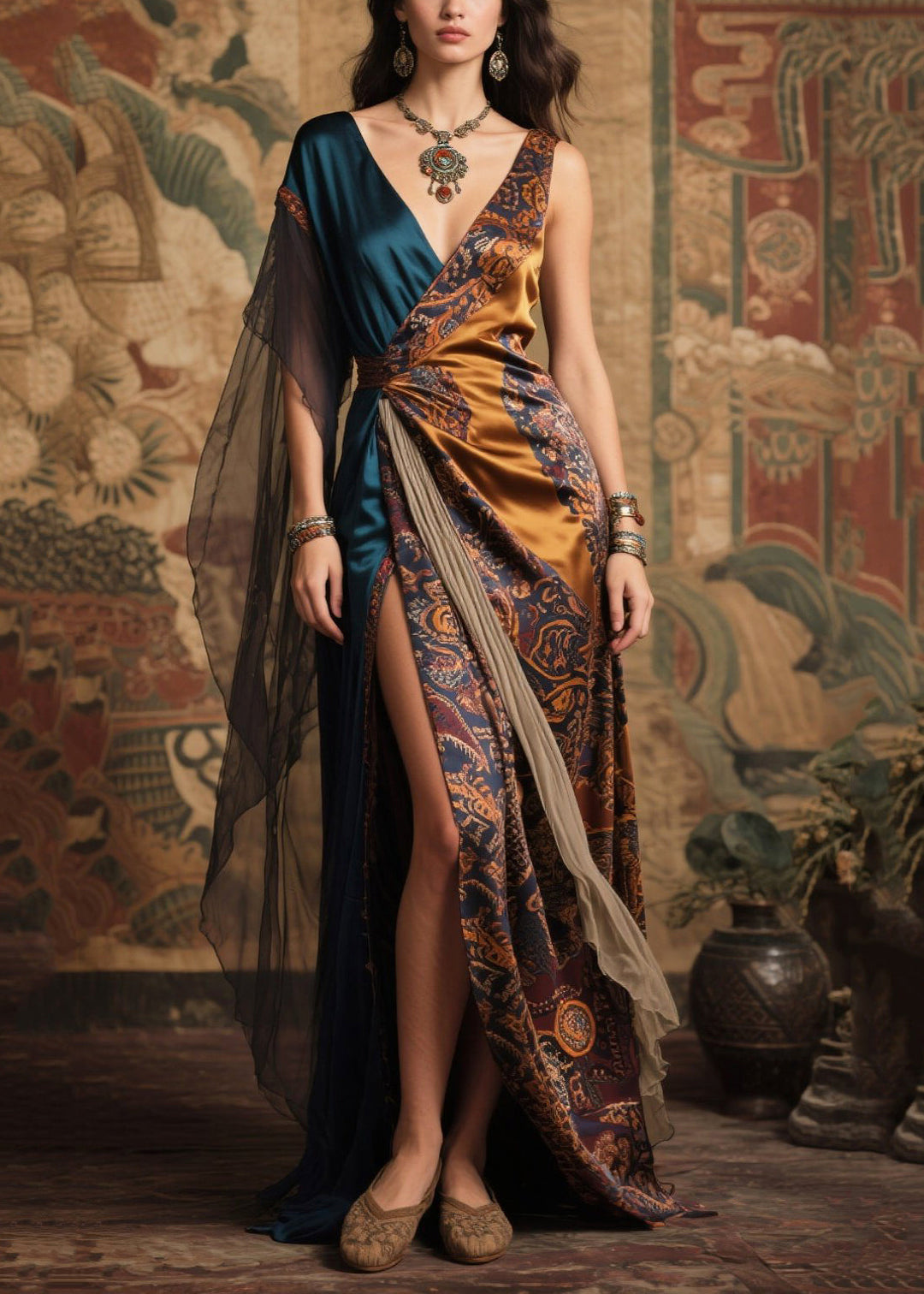 Art Asymmetrical Patchwork Side Open Silk Long Dresses Summer