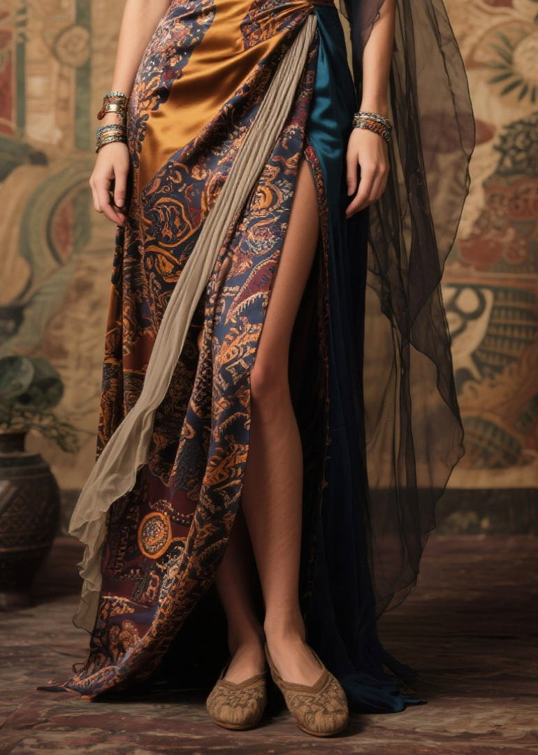 Art Asymmetrical Patchwork Side Open Silk Long Dresses Summer