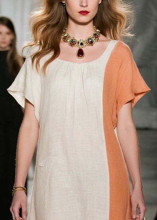 Art Beige Asymmetrical Patchwork Cotton Dresses Summer