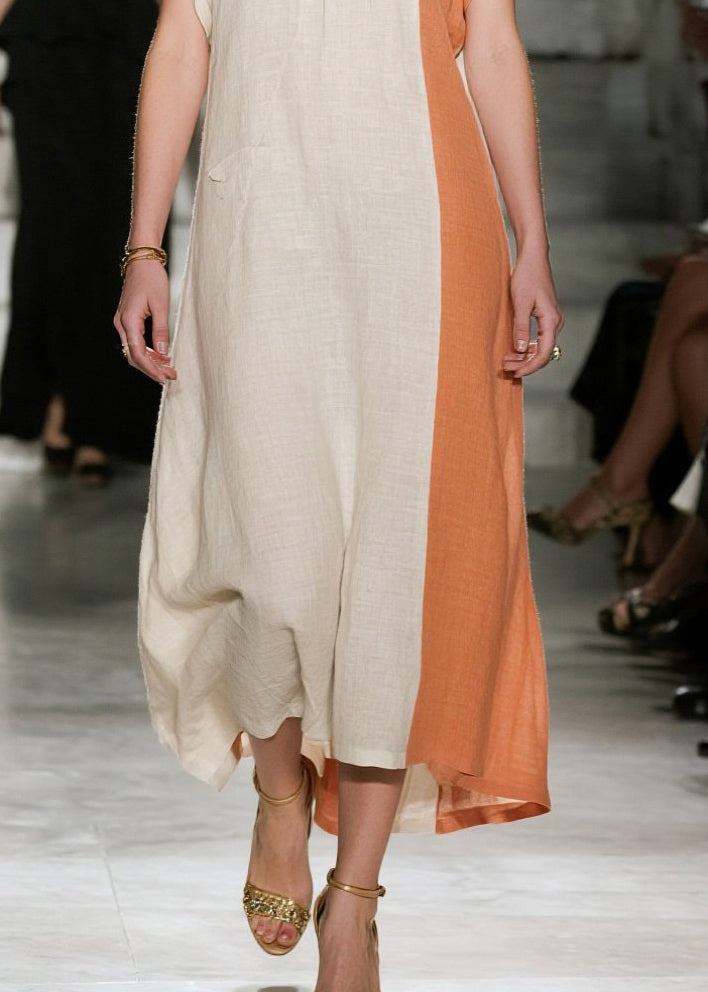 Art Beige Asymmetrical Patchwork Cotton Dresses Summer