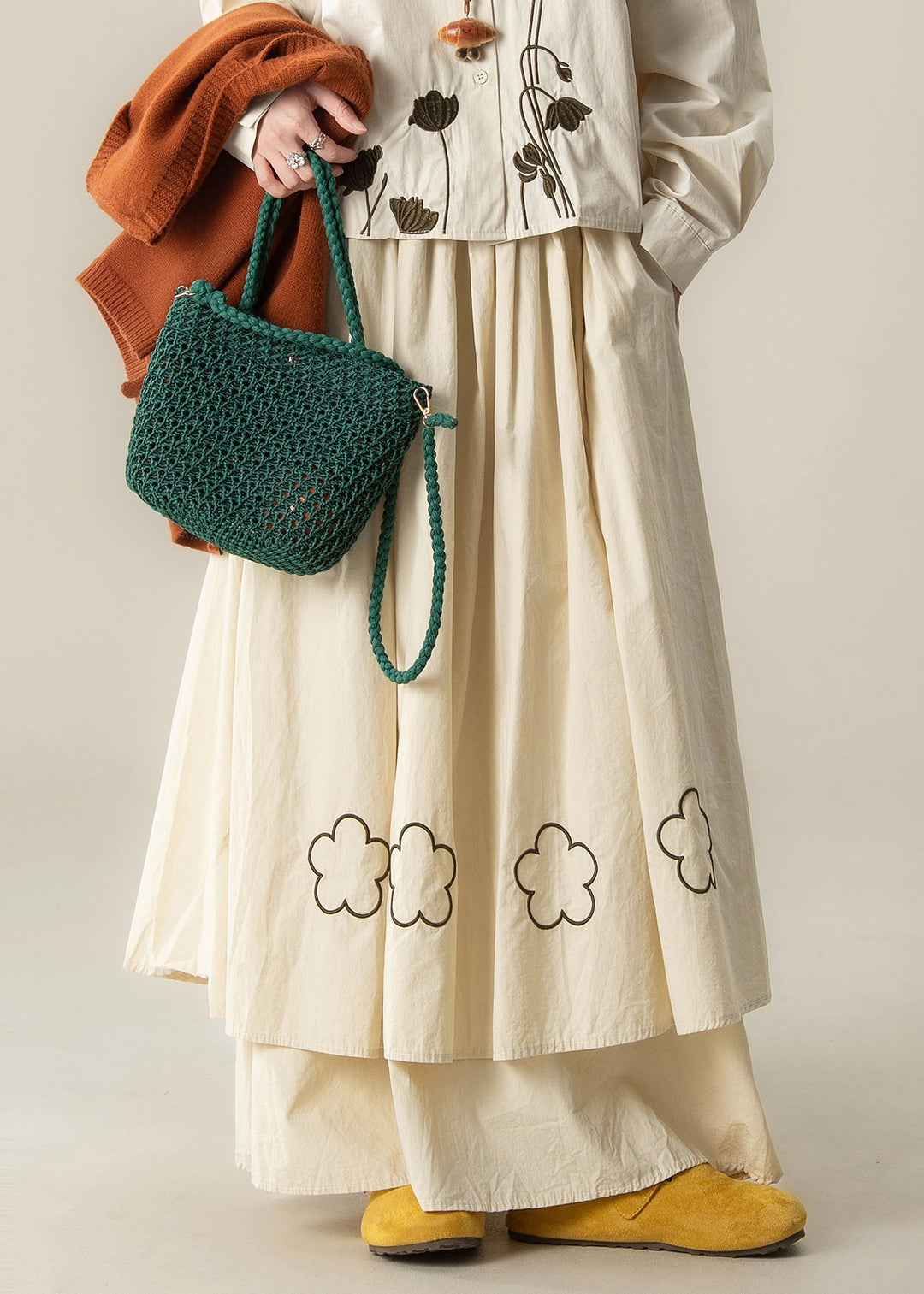 Art Beige Embroidered Floral Exra Large Hem Cotton Skirt Spring