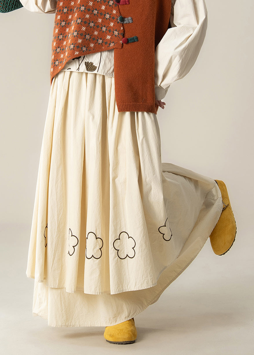 Art Beige Embroidered Floral Exra Large Hem Cotton Skirt Spring