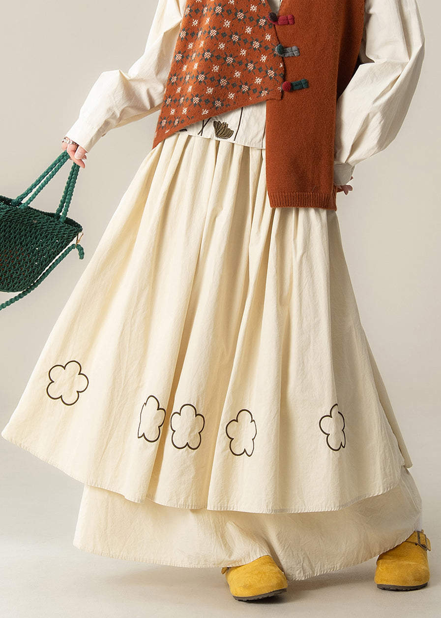 Art Beige Embroidered Floral Exra Large Hem Cotton Skirt Spring