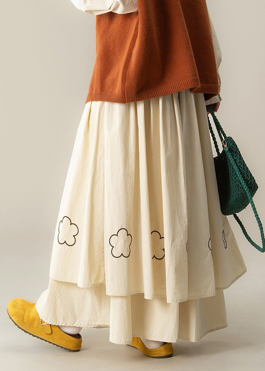 Art Beige Embroidered Floral Exra Large Hem Cotton Skirt Spring