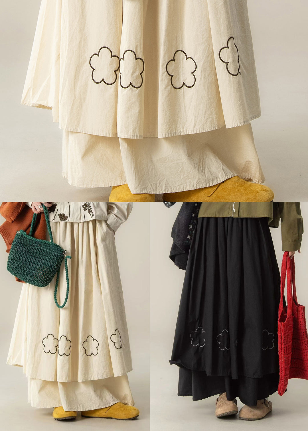 Art Beige Embroidered Floral Exra Large Hem Cotton Skirt Spring