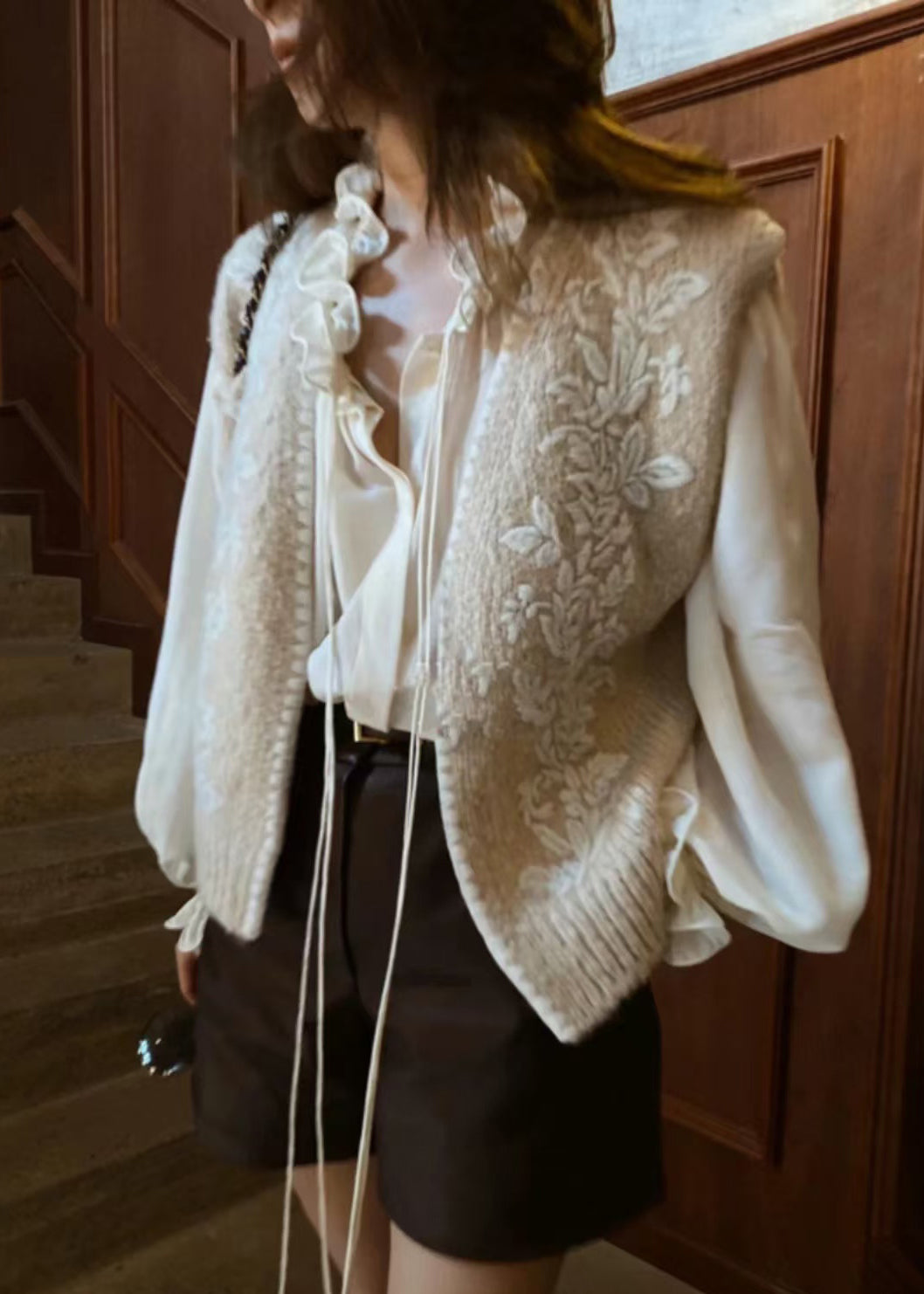 Art Beige Embroidered Ruffled Knit Two Piece Set Women Clothing Spring