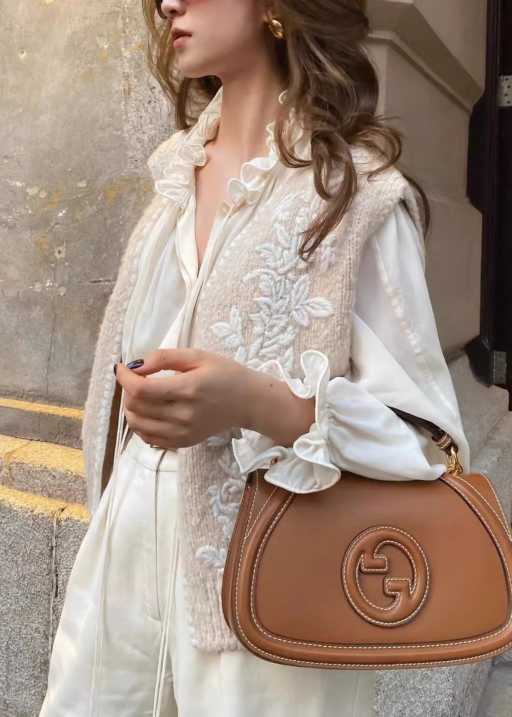 Art Beige Embroidered Ruffled Knit Two Piece Set Women Clothing Spring