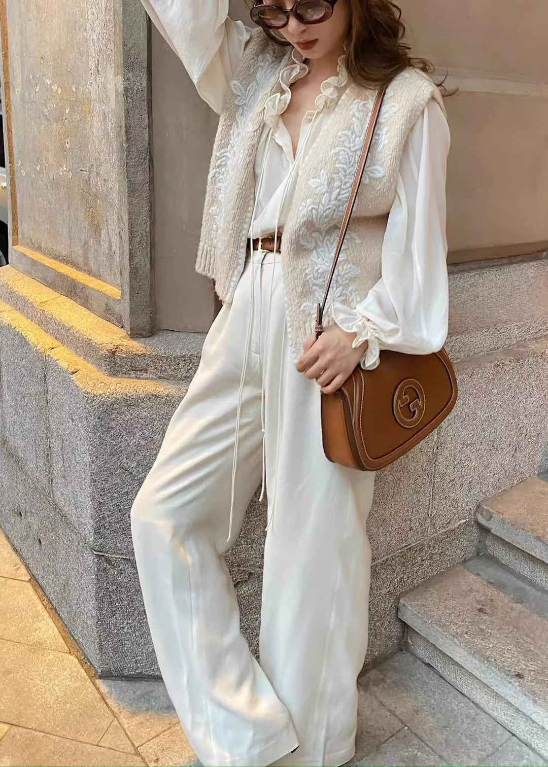 Art Beige Embroidered Ruffled Knit Two Piece Set Women Clothing Spring