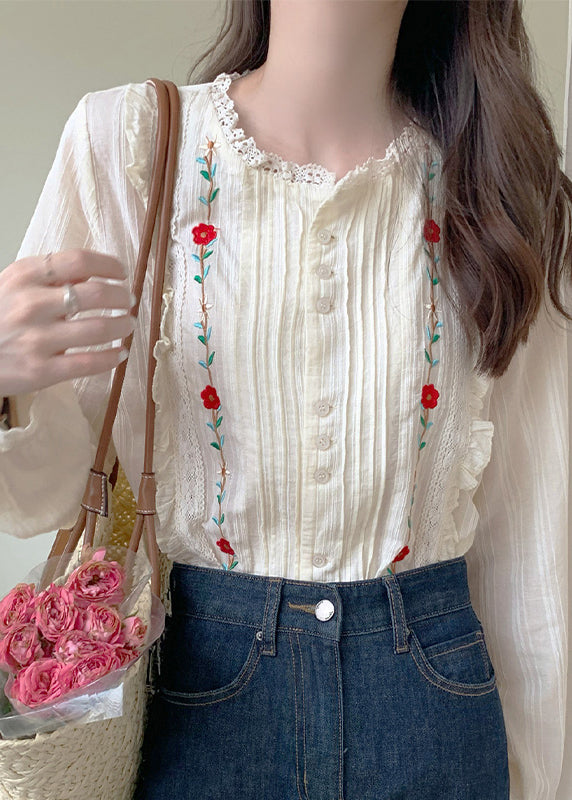 Art Beige Embroidered Ruffled Lace Blouses Fall
