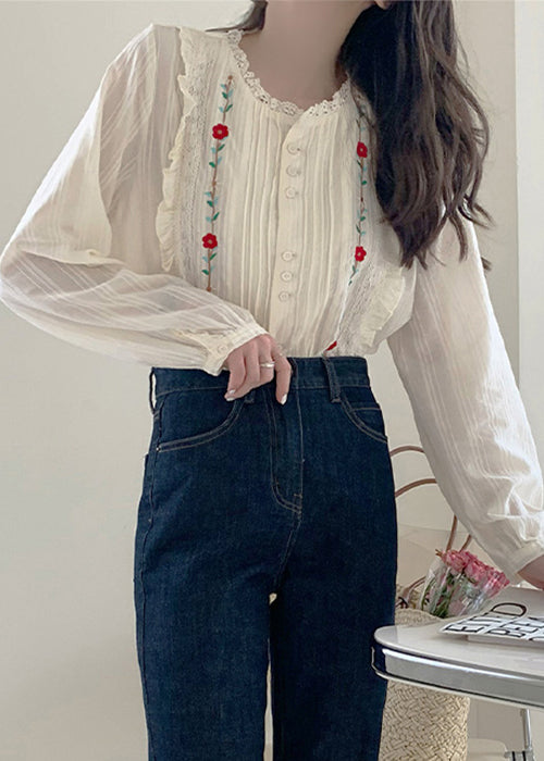 Art Beige Embroidered Ruffled Lace Blouses Fall