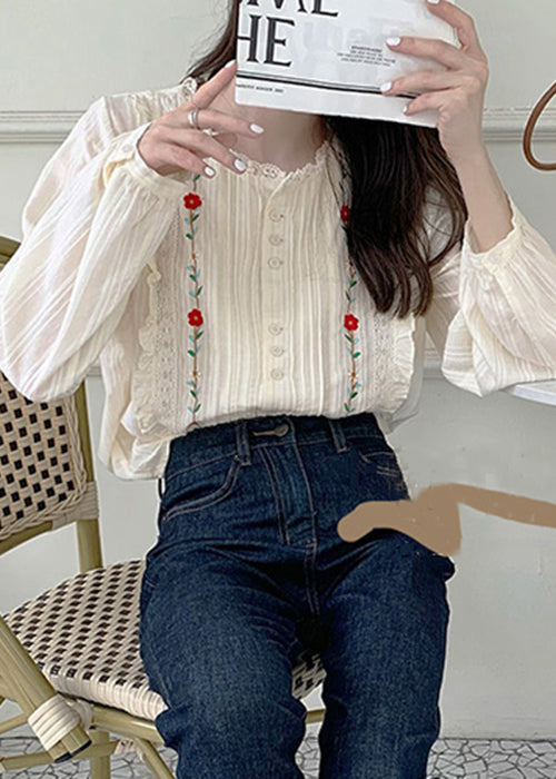 Art Beige Embroidered Ruffled Lace Blouses Fall