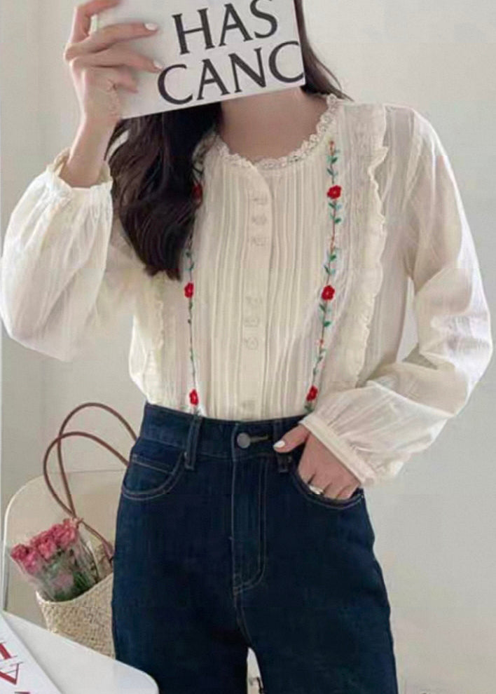 Art Beige Embroidered Ruffled Lace Blouses Fall