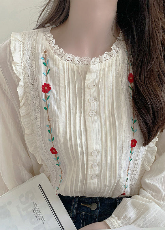 Art Beige Embroidered Ruffled Lace Blouses Fall