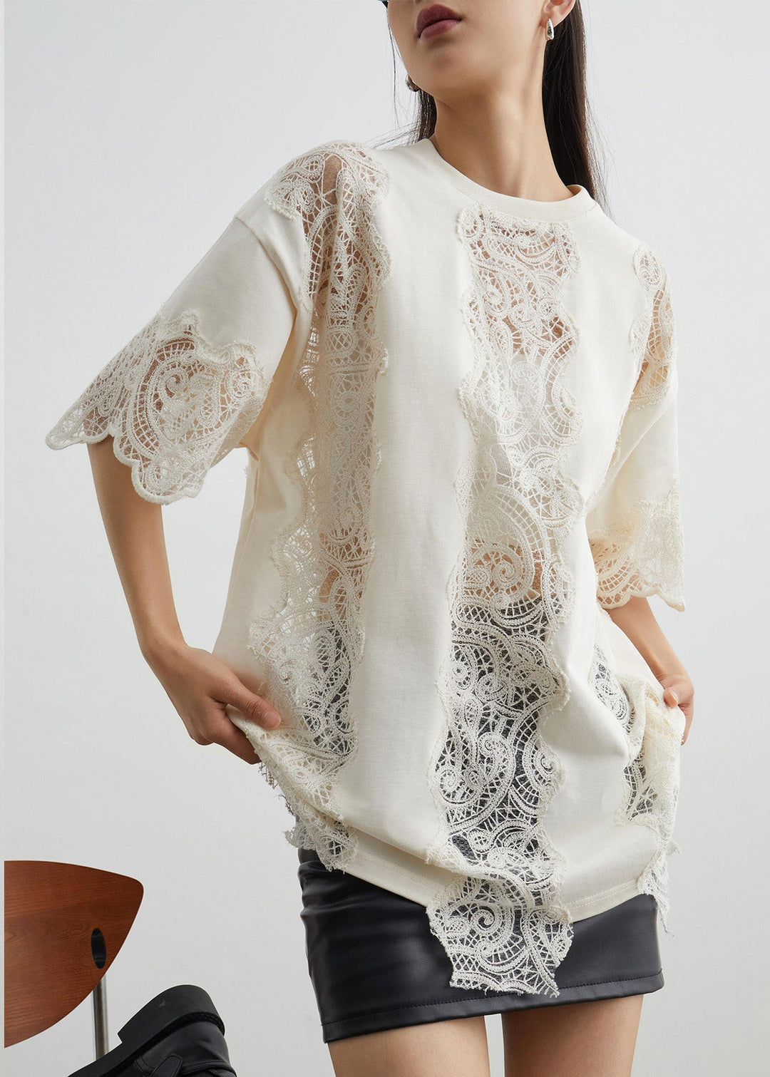 Art Beige Lace Hollow Out Cotton T Shirts Summer