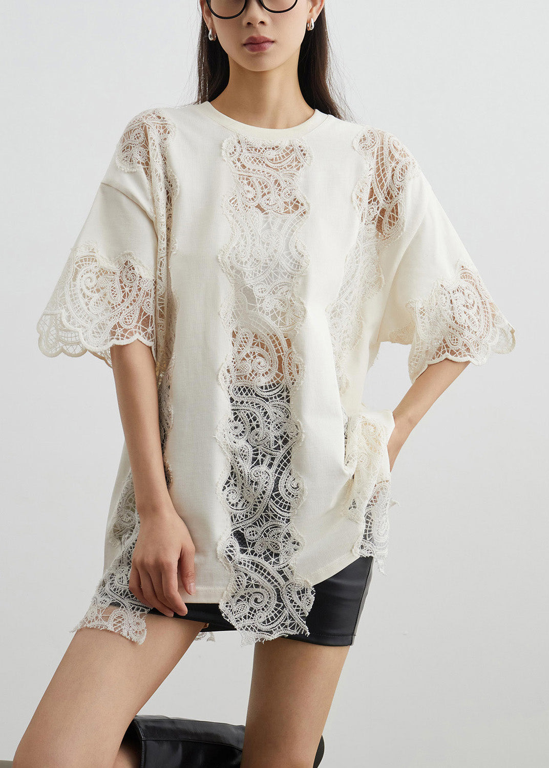 Art Beige Lace Hollow Out Cotton T Shirts Summer