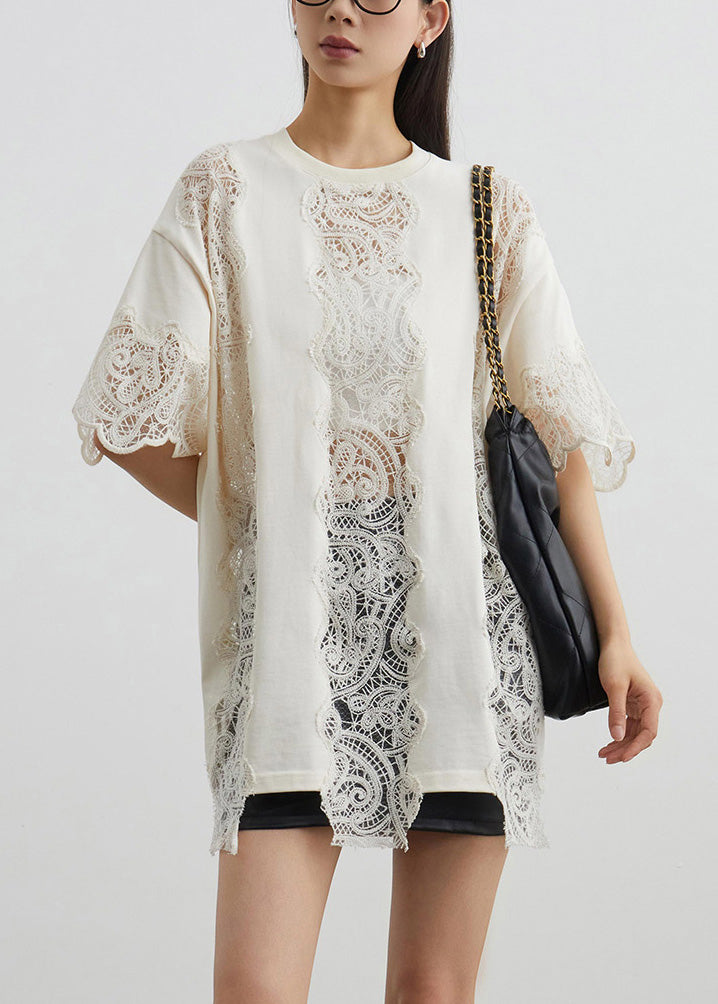 Art Beige Lace Hollow Out Cotton T Shirts Summer