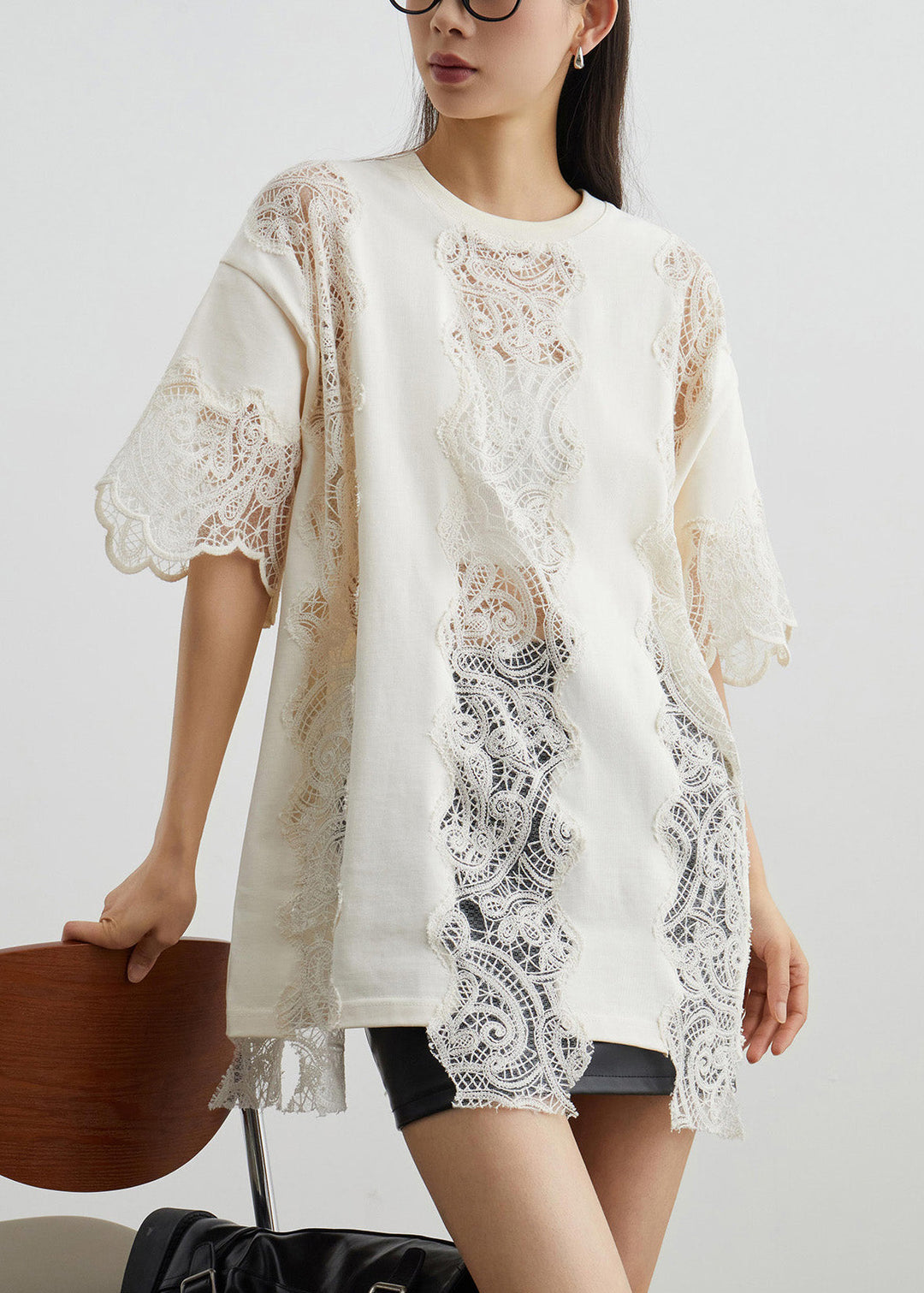 Art Beige Lace Hollow Out Cotton T Shirts Summer