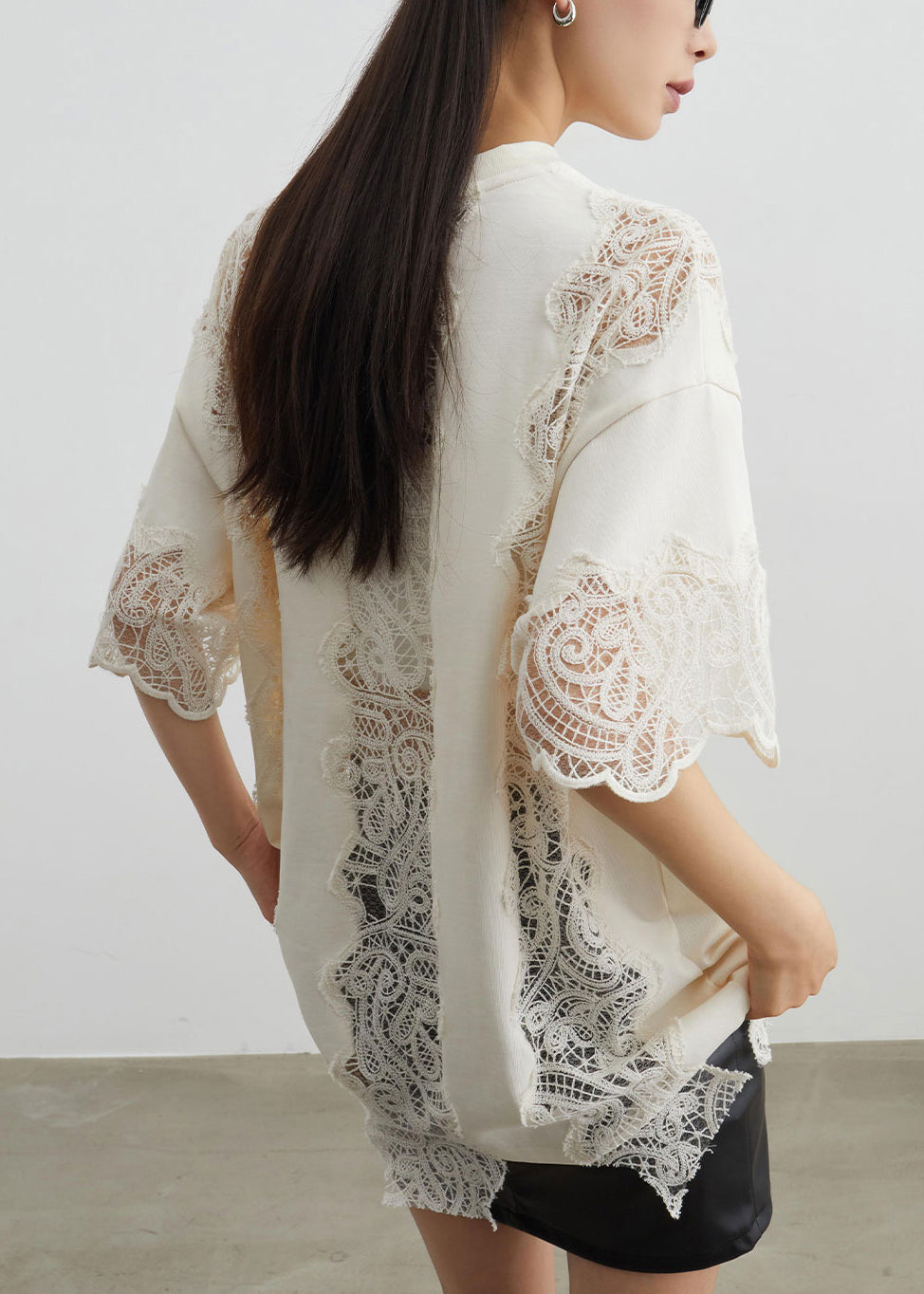 Art Beige Lace Hollow Out Cotton T Shirts Summer