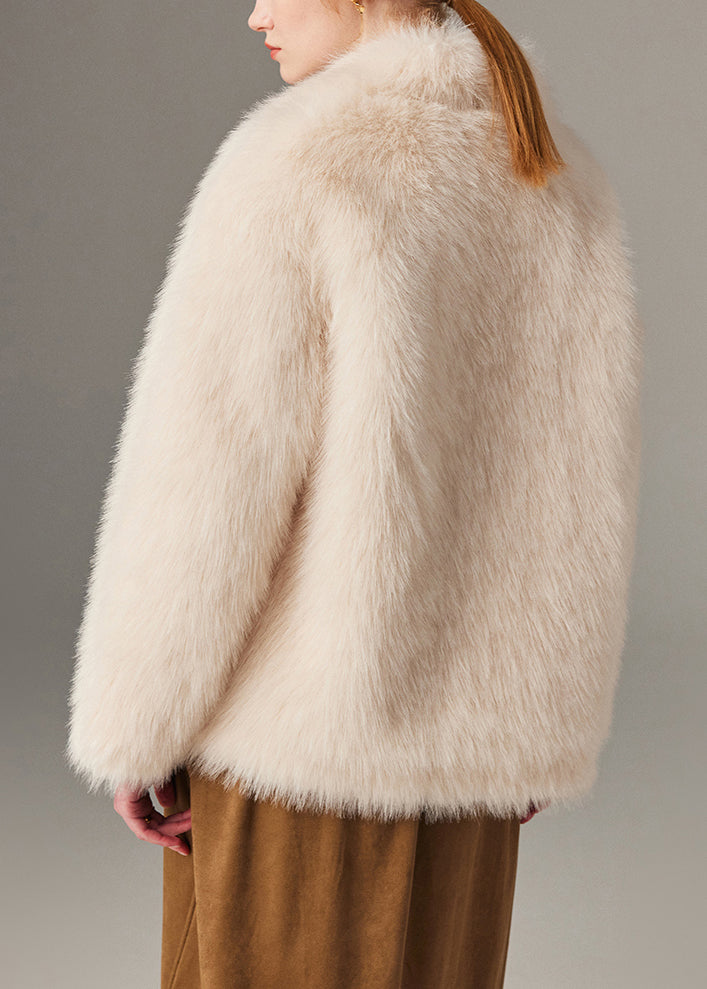 Art Beige Notched Button Leather And Fur Coats Winter